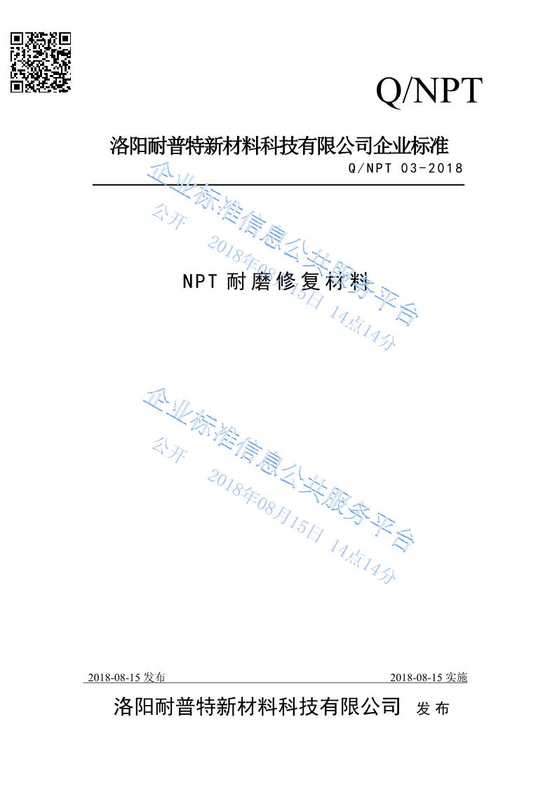 NPT耐磨修复材料企业标准--洛阳耐普特新材料科技有限公司www.lynpt.com